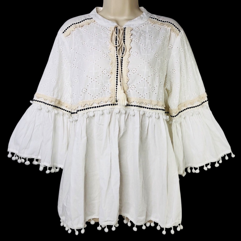Ista Bonita Women Babydoll Embroidered Tunic Top Blouse Bell Sleeve Boho Peasant